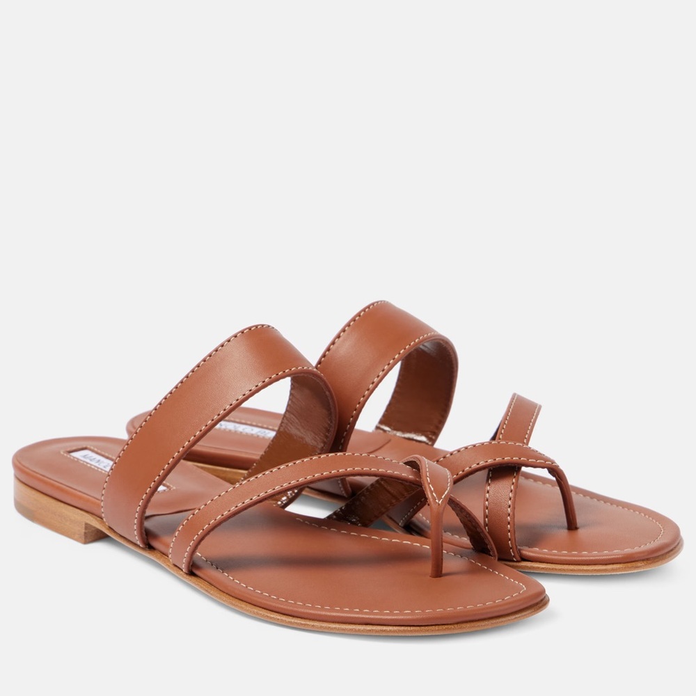 Manolo Blahnik Susa Brown Luggage Leather Flats Sandals Size 39.5 EU / 9.5 US